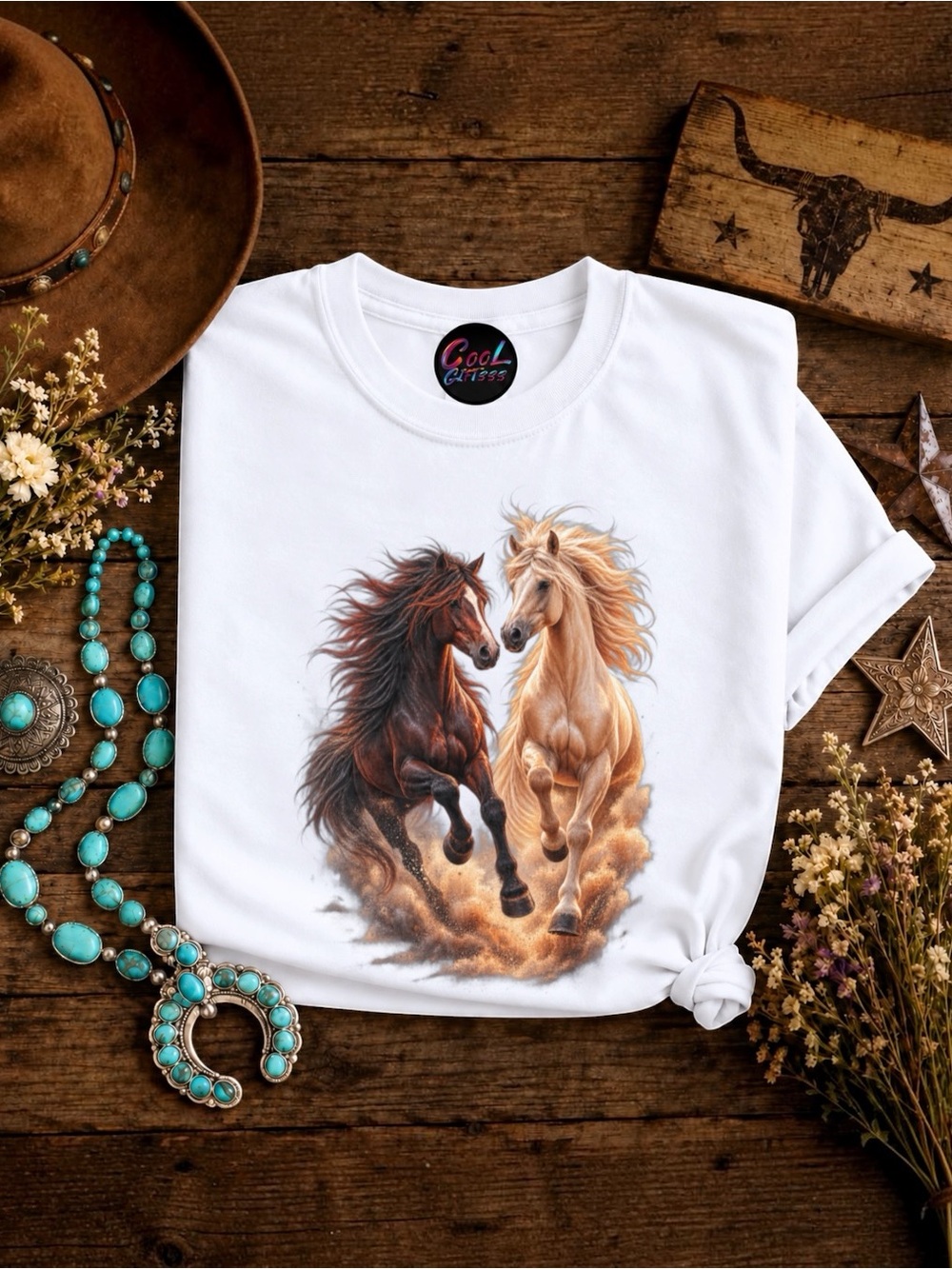 Custom Western Horse T-Shirt Running Horses Graphic Tee Cowgirl Boho Shirt S-XL - Picture 1 of 4